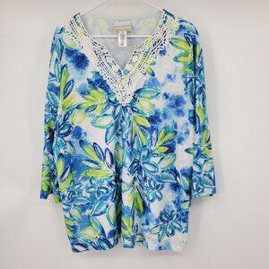 Alfred Dunner Waikiki Printed Lace Trim Tropical Floral Top 3/4 Sleeve Blouse Sh